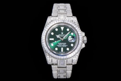Rolex Submariner 904L Steel Iced Out 40mm Deep Olive Green Face 3135 Movement Watch